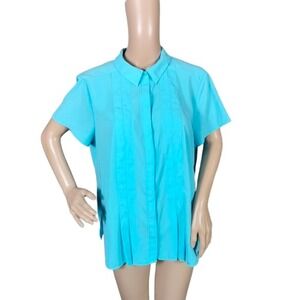 Dana Buchman Womens Pleated Blouse Short Sleeve Button Front Career Teal Size XL